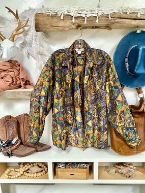 Stunning SILK boho blouse/cover up w YTK midcentury retro vibe